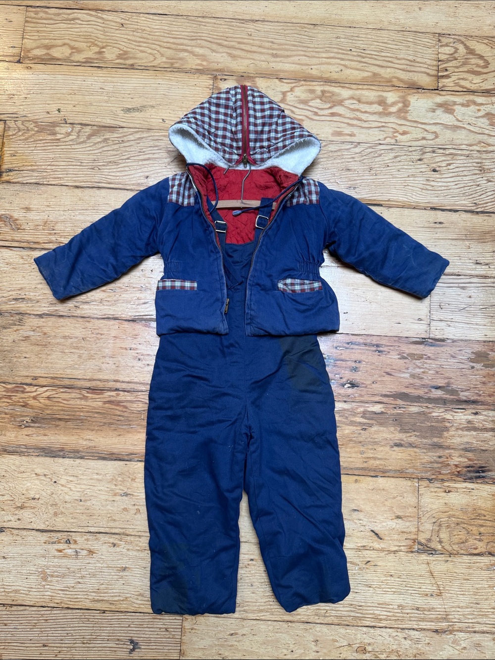 Baby vintage 1950s Navy Blue Hooded Snow Suit with Red Plaid Lining